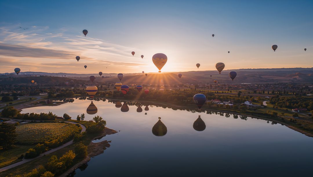 Sunrise Balloons Floating Over Calm Lake Casting Reflections and Warm Sun Rays
