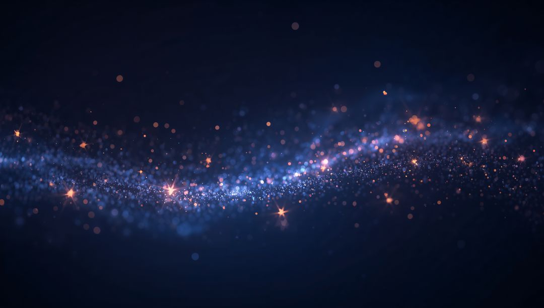 Glittering Particle Wave Undulating on Dark Cosmic Background with Blue Bokeh and Gold Flares