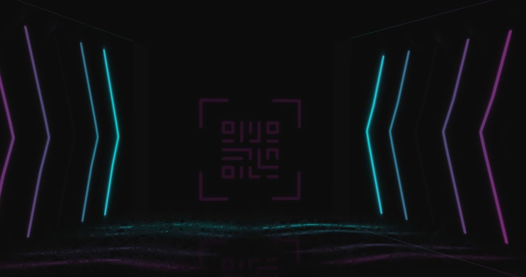 Futuristic QR Code with Neon Arrow Design in Digital Space