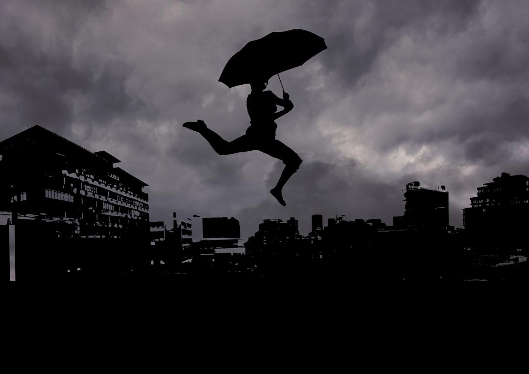 Silhouette of Man Jumping with Umbrella Against Cityscape - Free Images, Stock Photos and Pictures on Pikwizard.com