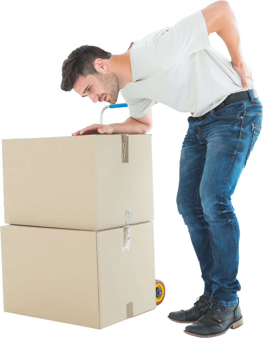 Delivery Worker Suffering Back Pain After Lifting Boxes on Transparent Background