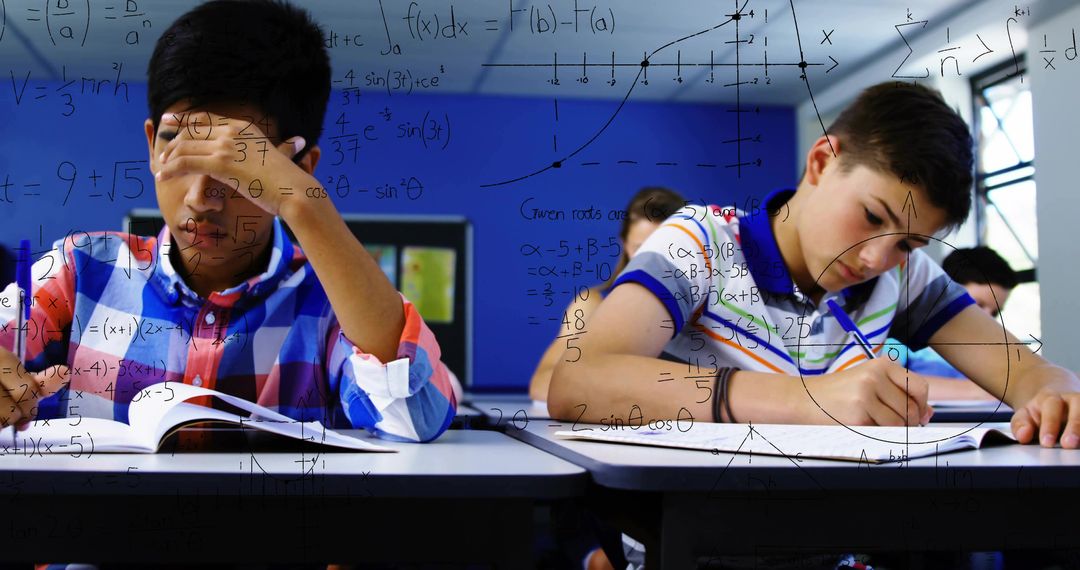 Teen Students Solving Algebra Problems in Classroom, Focused Studying with Math Overlay