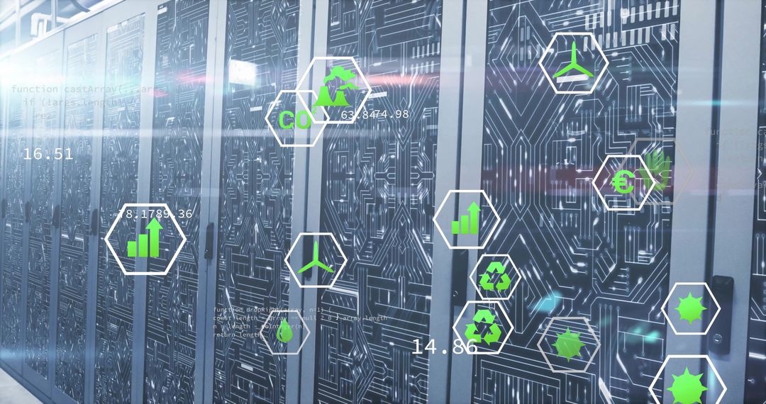 Eco Icons and Digital Data Overlay on ComputerServers