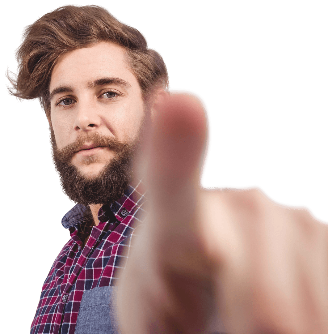 Confident Hipster Man Pointing at Transparent Screen