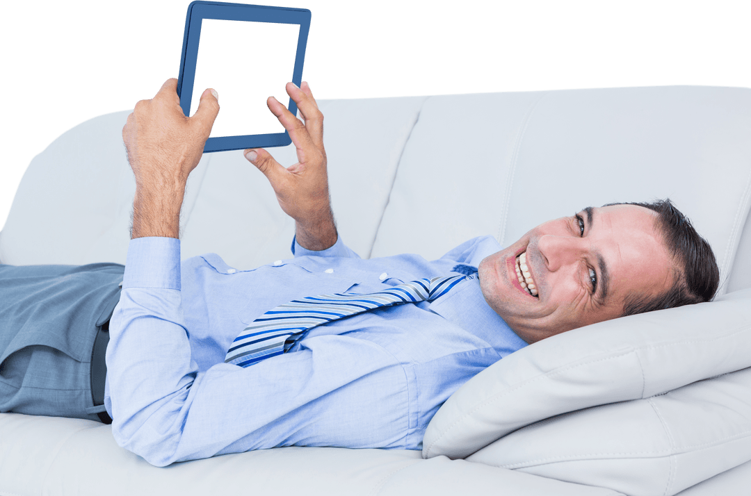 Transparent Smiling Businessman Using Tablet on Sofa