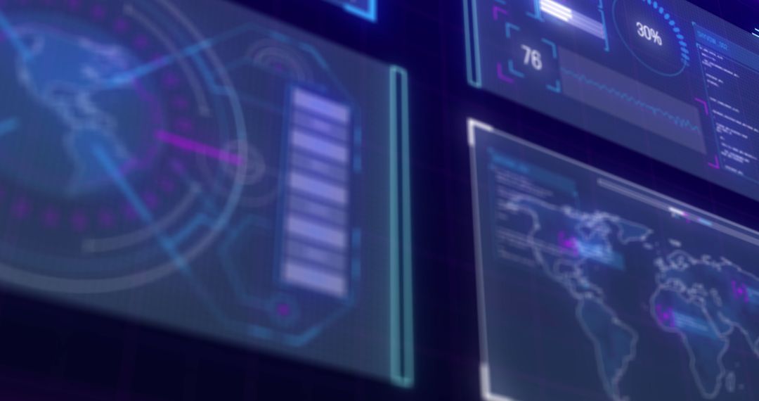 Futuristic Data Interface with Global Elements on Blue Background