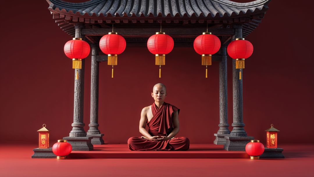 Zen Monk Meditating in Minimalist Setting with Red Lanterns