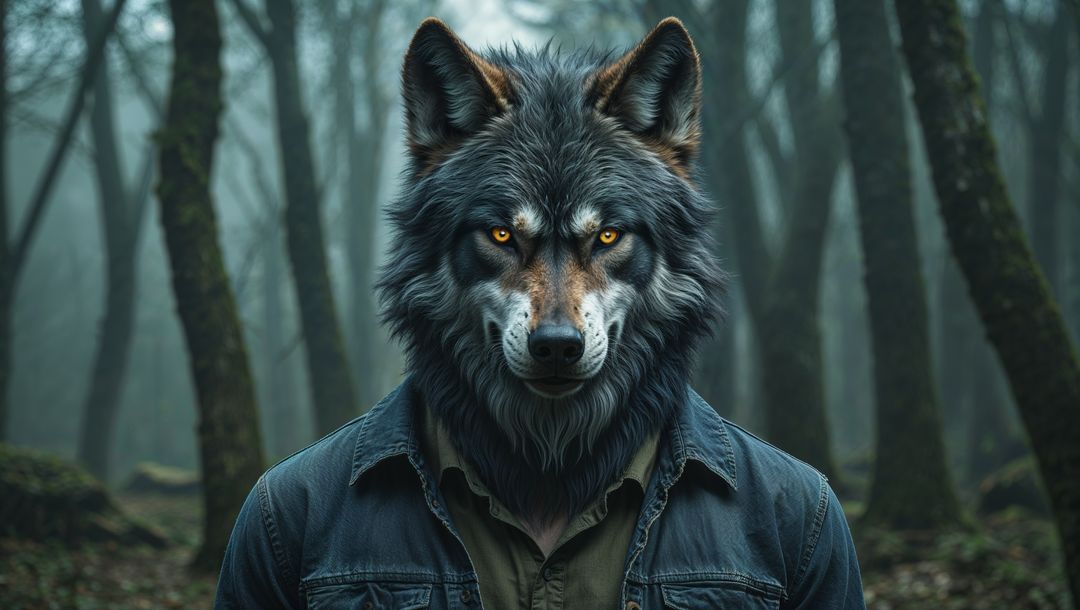 Werewolf in denim amidst misty forest wilderness
