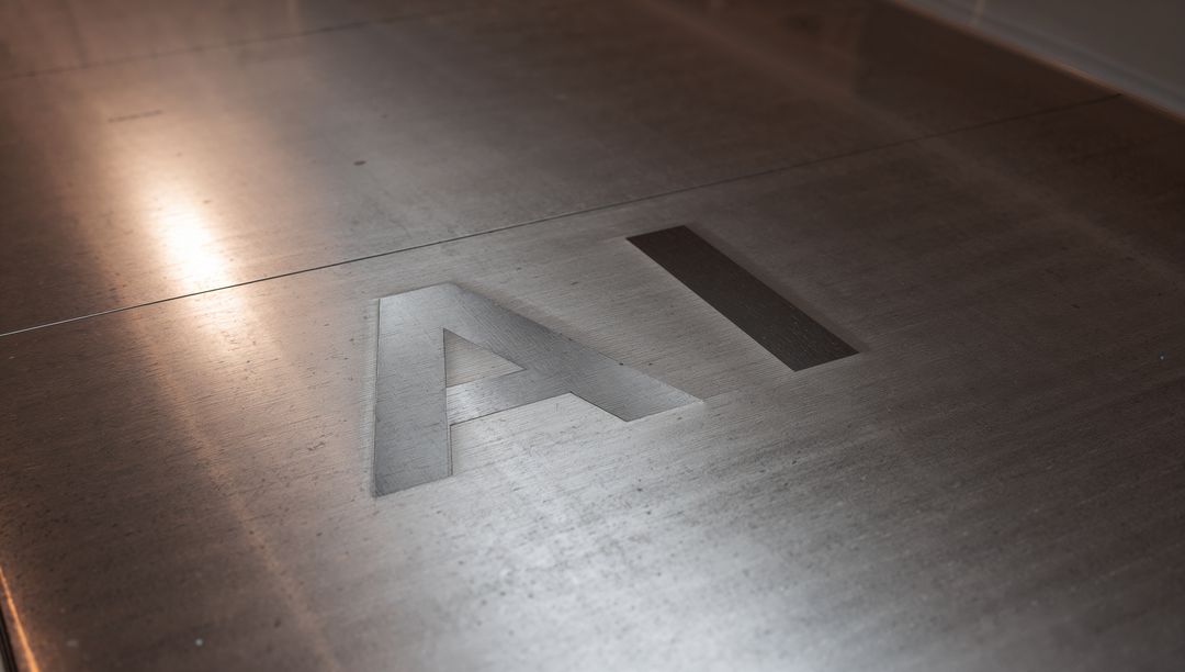 Brushed Metal Engraved AI Signage with Warm Light Reflection and Industrial Textured Grain