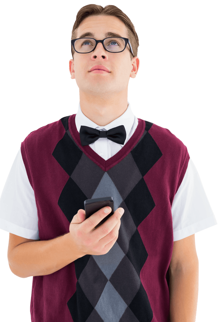 Nerdy Young Man Holding Smartphone on Transparent Background