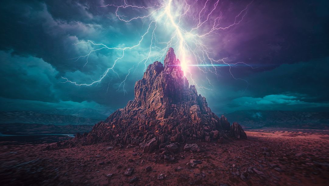 Dramatic Lightning Striking Monolith in Abstract Desert