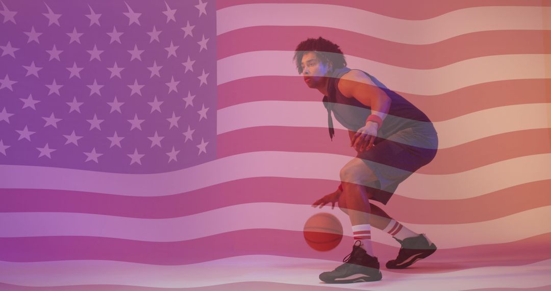 Patriotic Basketball Player with American Flag Overlay Driven by Passion