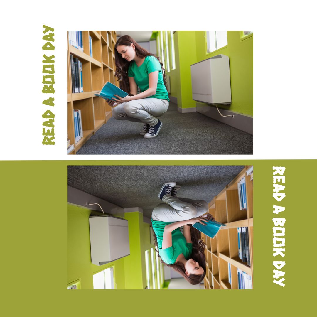 Young Woman Reading Book in Library Promotes Literacy