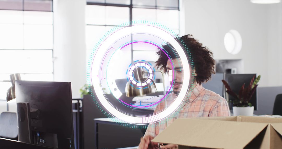 Unboxing tech gear in open-plan office with holographic AR interface and sleek workstation