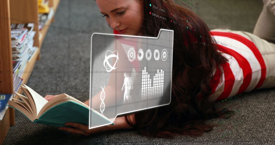 Student Immersed in Book with Digital Interface Overlay