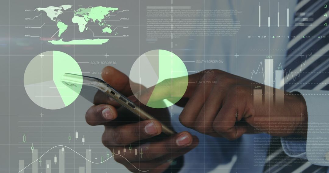 Person Using Smartphone with Digital Data Overlay Analysis