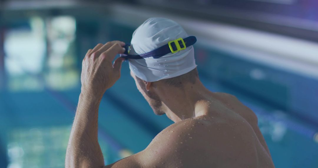 Male Athlete Adjusting Swim Cap at Indoor Pool Preparation