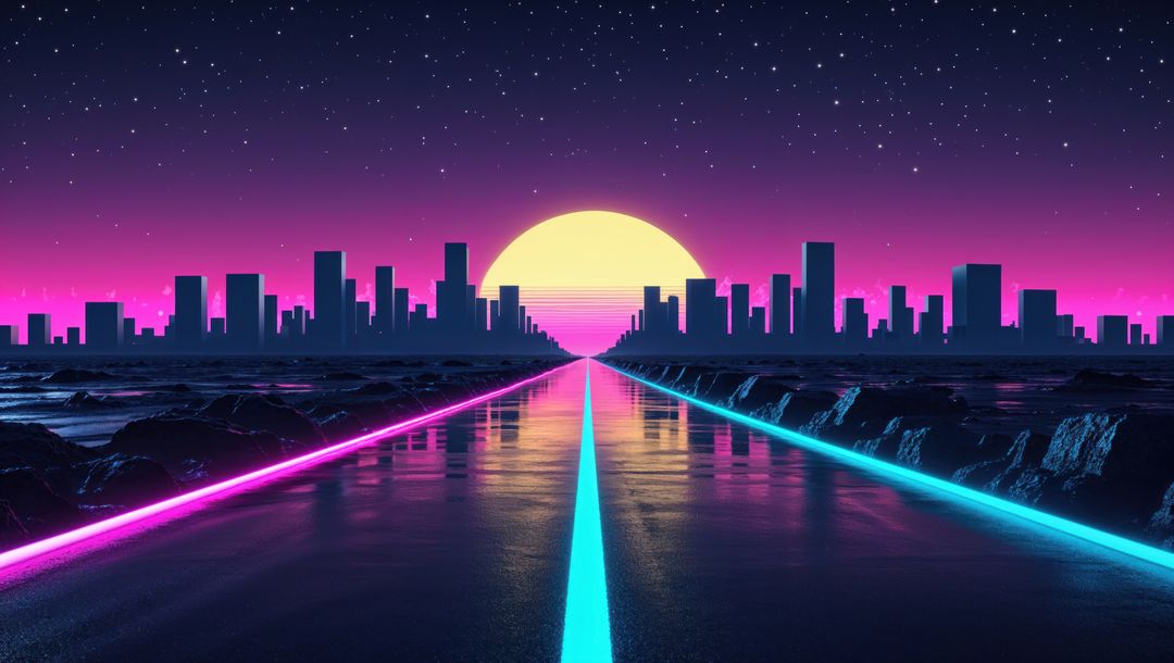 Futuristic Neon Highway Stretching into Cyberpunk City Skyline