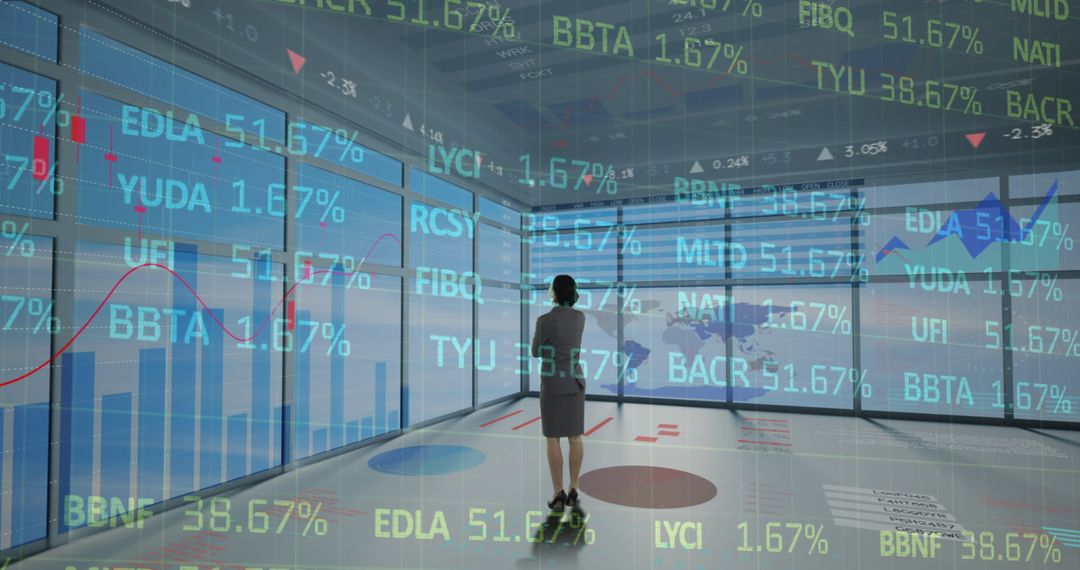 Businesswoman Analyzing Global Financial Data on Digital Screen