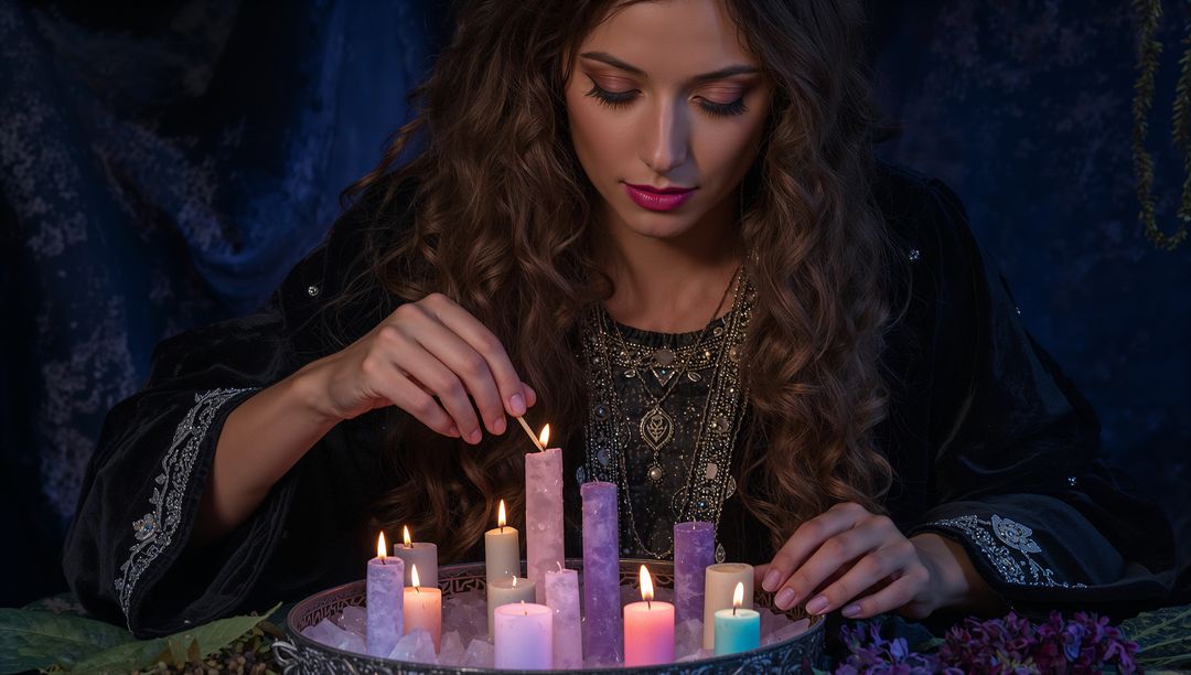 Woman in Embroidered Robe Lighting Pastel Pillar Candles