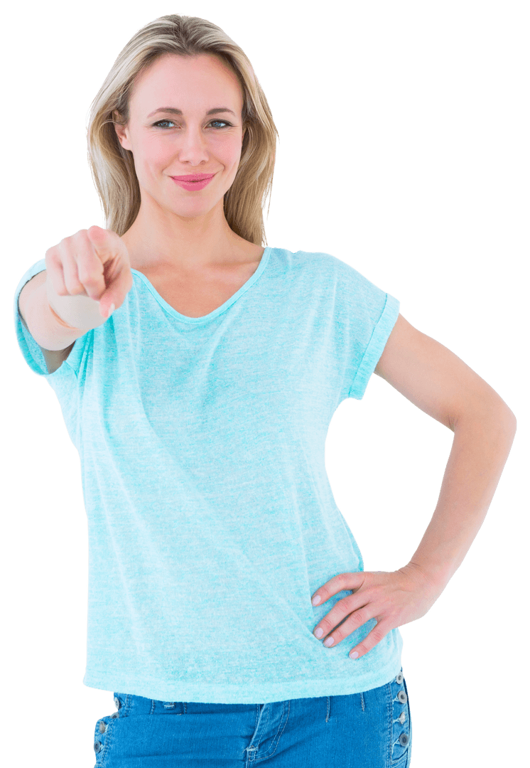 Smiling Woman Confidently Pointing on Transparent Background