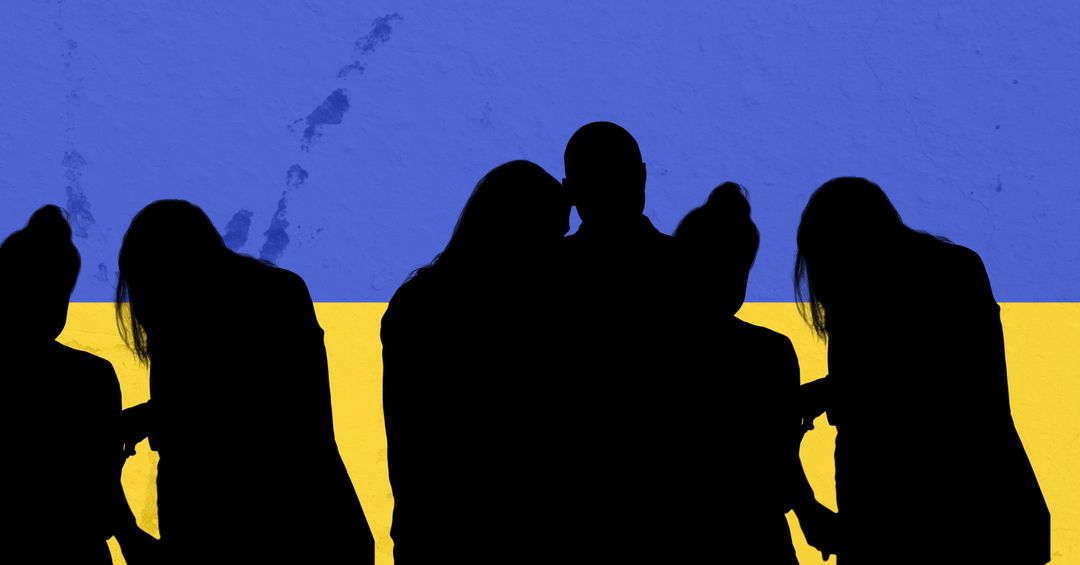 Silhouette of group of people against ukrainian flag in background - Free Images, Stock Photos and Pictures on Pikwizard.com