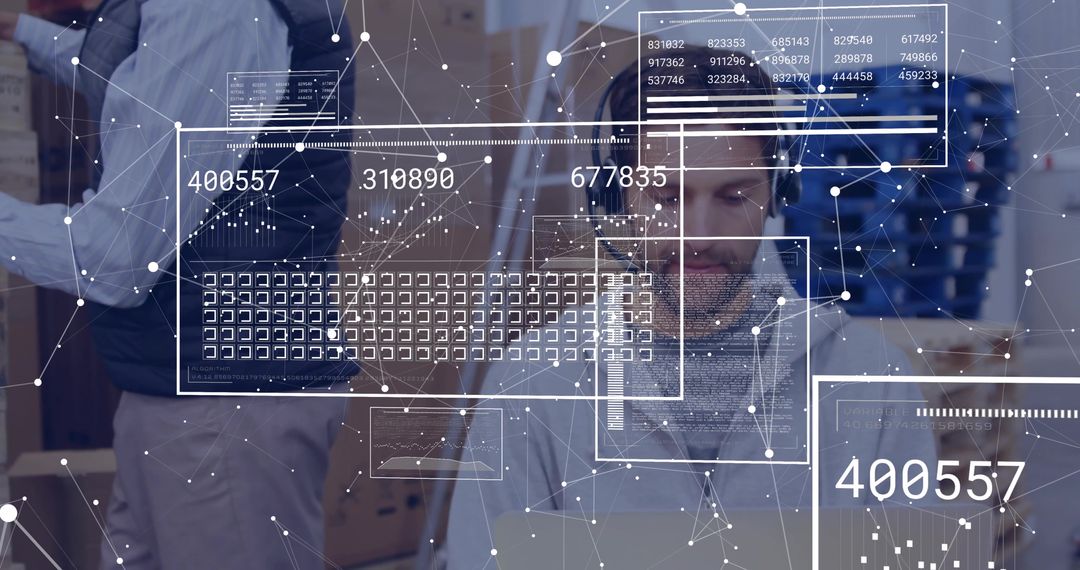 Data Analyst in Office Analyzing Digital Information with Transparent Overlays
