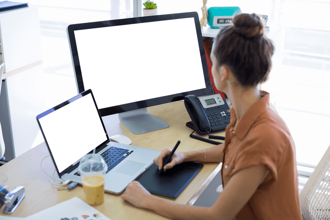 Transparent Screen Businesswoman Working on Design Project