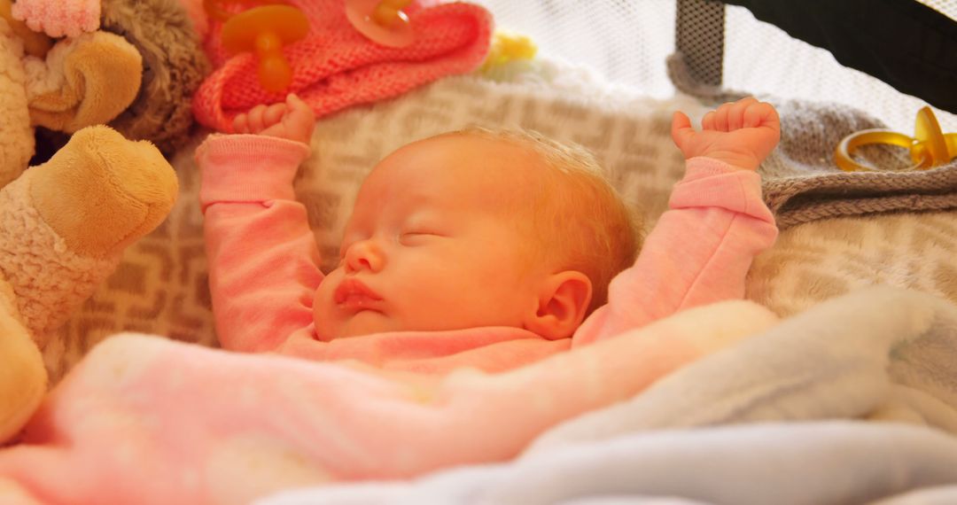 Peaceful Sleeping Baby Surrounded by Soft Toys and Pacifiers - Free Images, Stock Photos and Pictures on Pikwizard.com