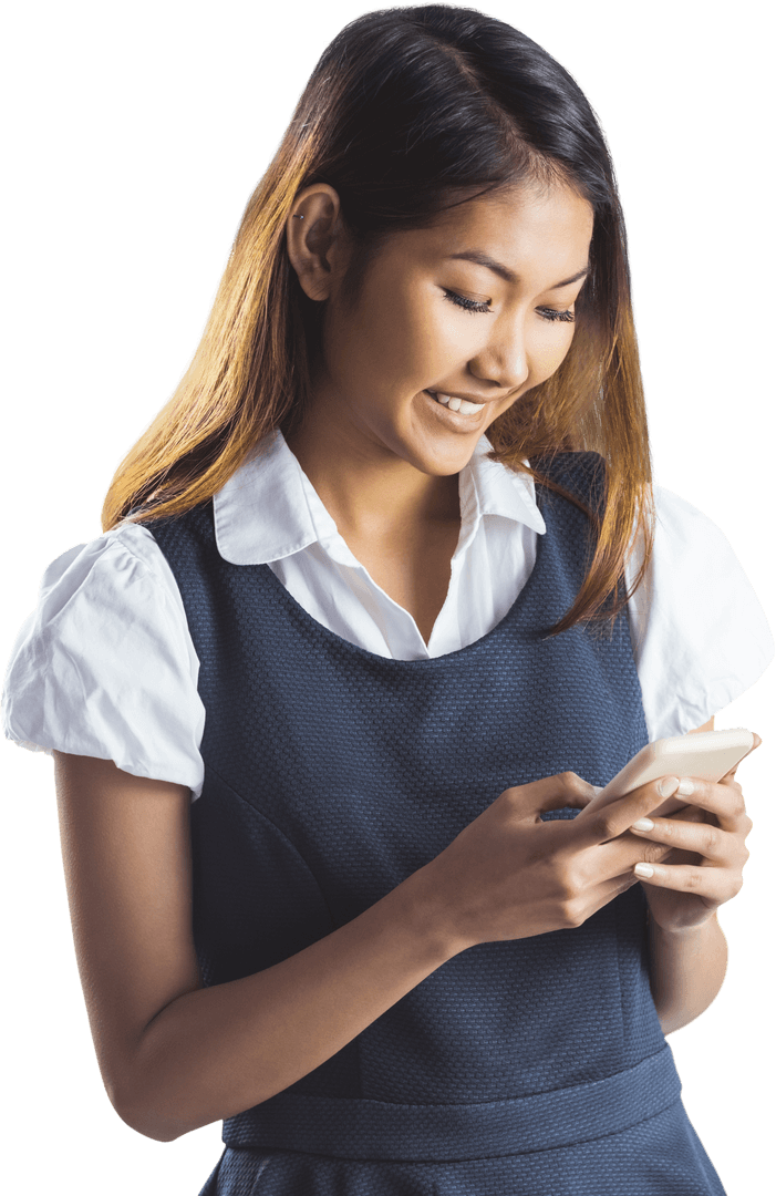 Transparent Smiling Businesswoman Using Smartphone Technology