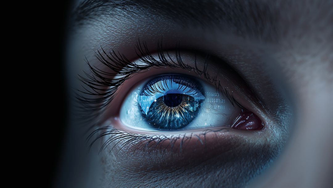 Macro blue eye with golden flecks and code reflection, digital vision technology concept