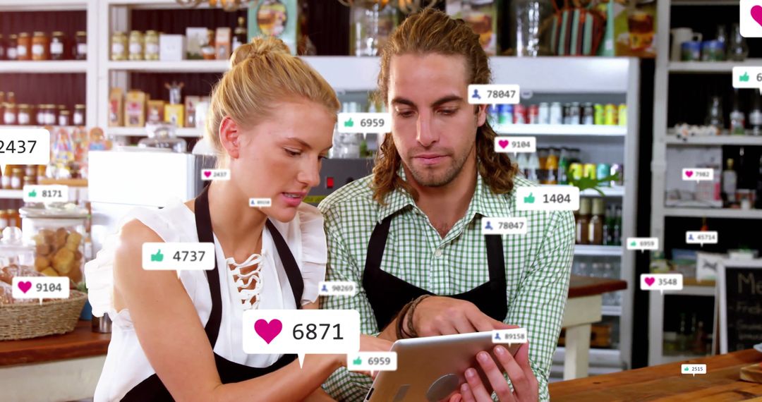 Coworkers in Shop Engaging with Social Media on Tablet