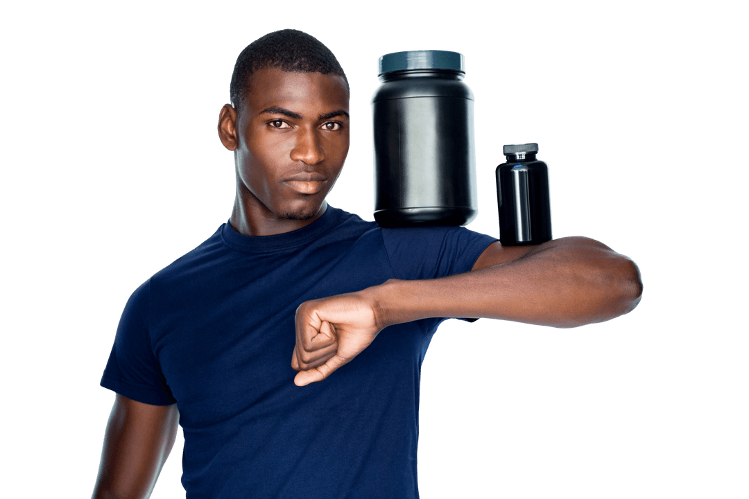 Athletic Man Balancing Protein Supplement Bottles on Arm Transparent Background