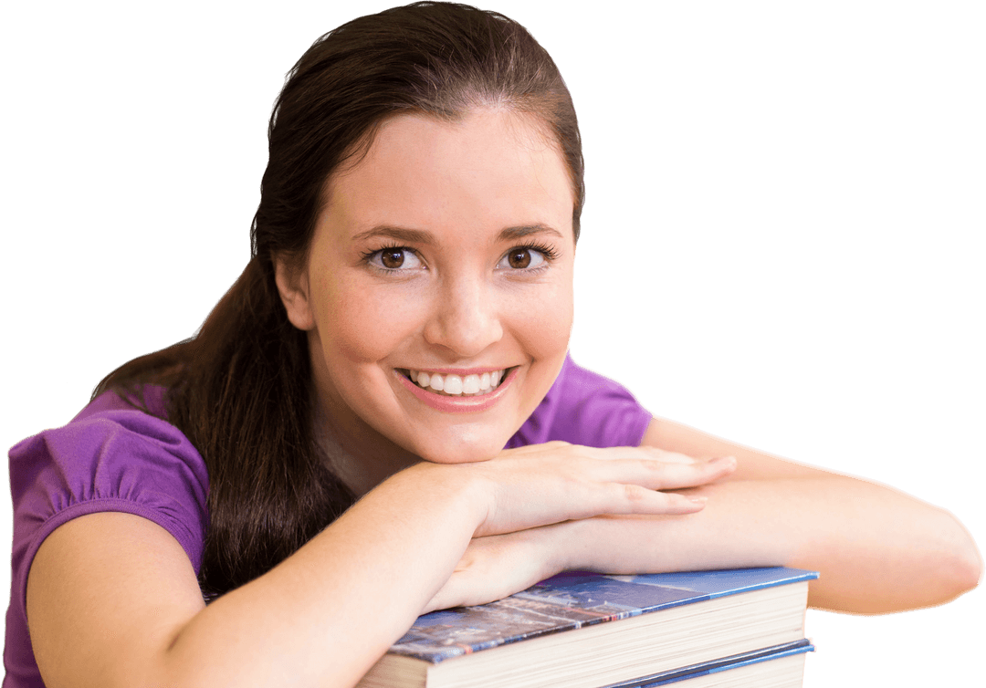 Smiling Female Student Relaxing with Books Transparent Background