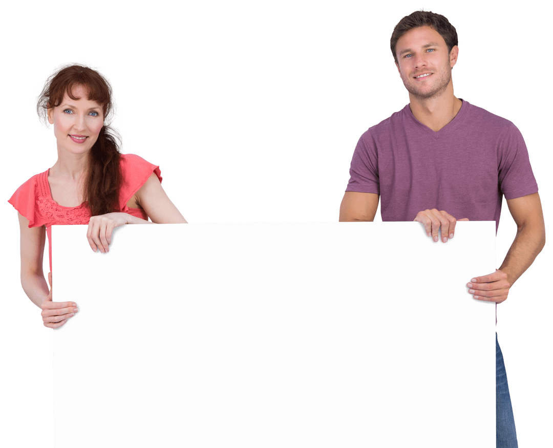 Smiling Couple Holding Empty Banner On Transparent Background