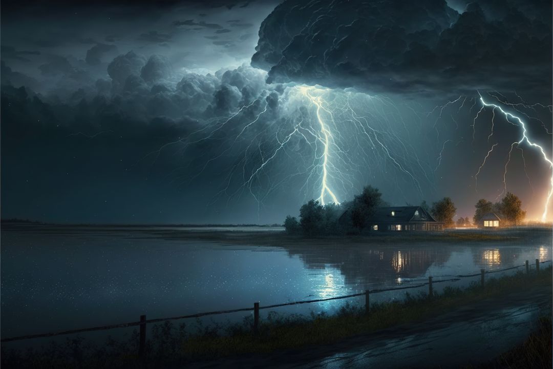 Dramatic Lightning Strikes Over Lake Near House at Night - Free Images, Stock Photos and Pictures on Pikwizard.com