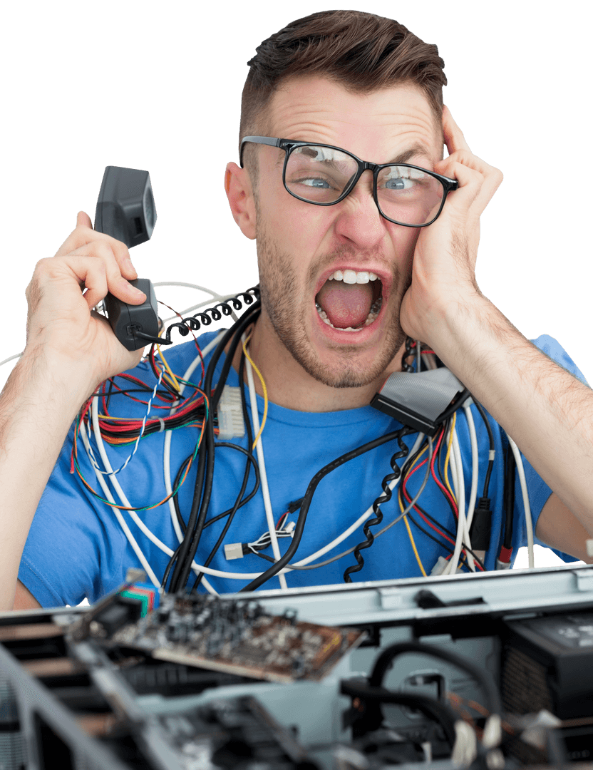 Frustrated Technician Trapped Among Transparent Computer Wires