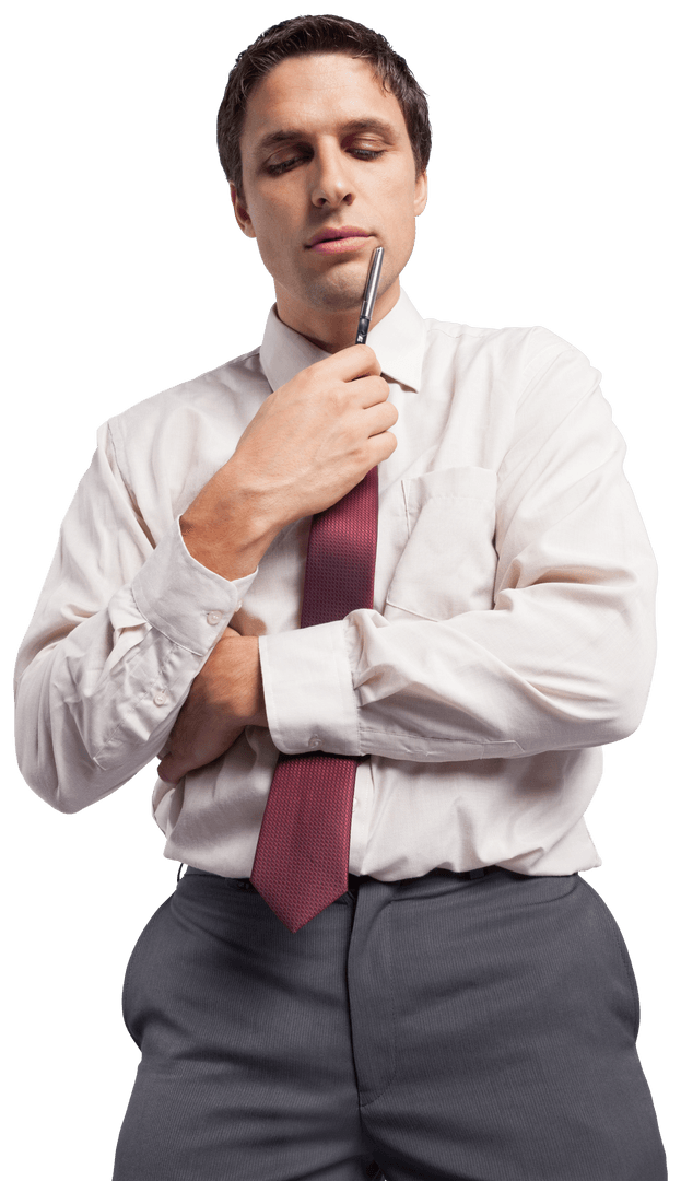 Thoughtful Businessman in Tie Holding Pen to Chin on Transparent Background