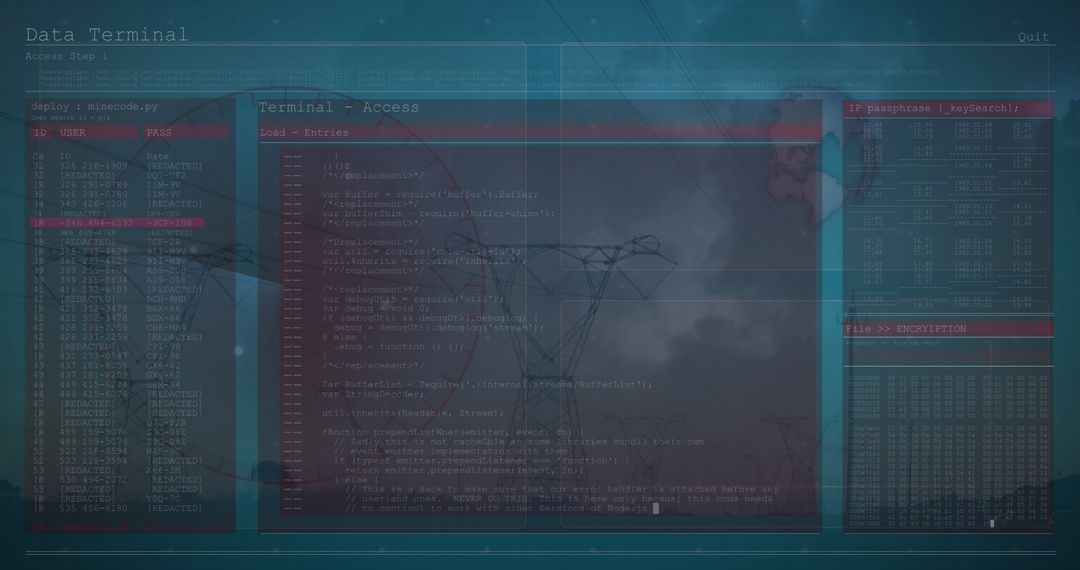Futuristic Data Processing Screen with Electricity Infrastructure Overlay