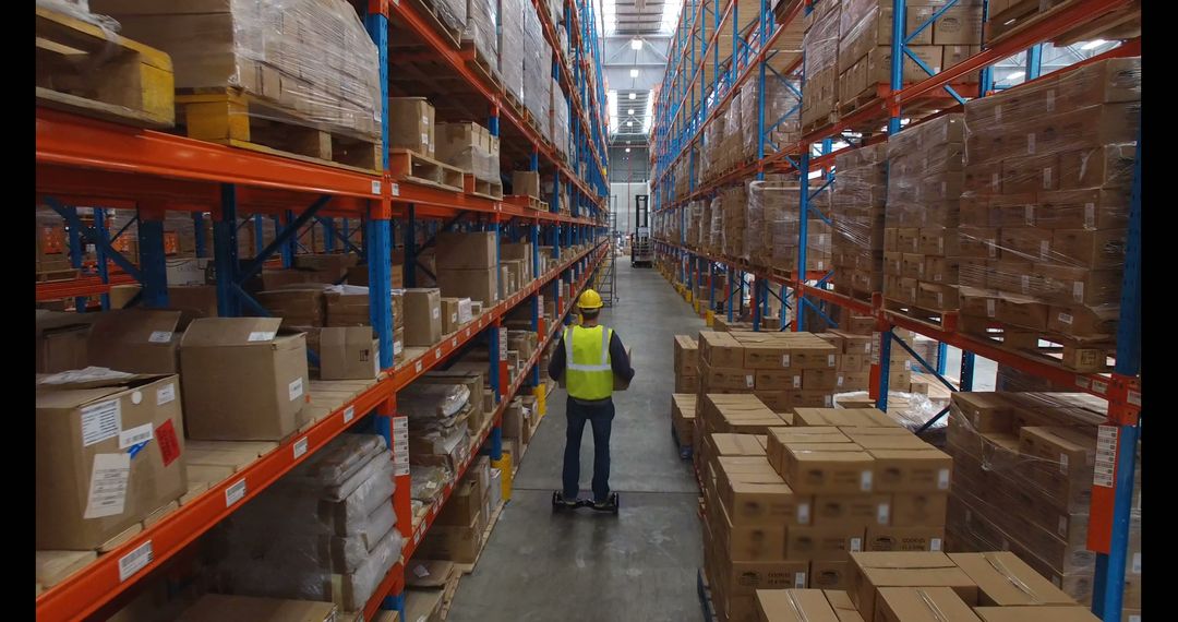 Worker on Hoverboard in Modern Warehouse Aisle with Tall Shelving - Free Images, Stock Photos and Pictures on Pikwizard.com