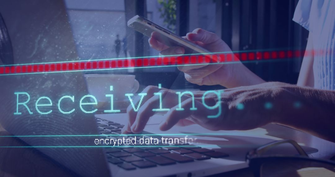 Woman Using Smartphone for Encrypted Data Transfer