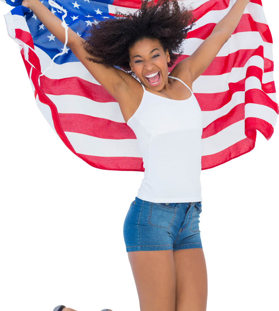 Joyful Woman Jumping with American Flag on Transparent Background - Download Free Stock Images Pikwizard.com