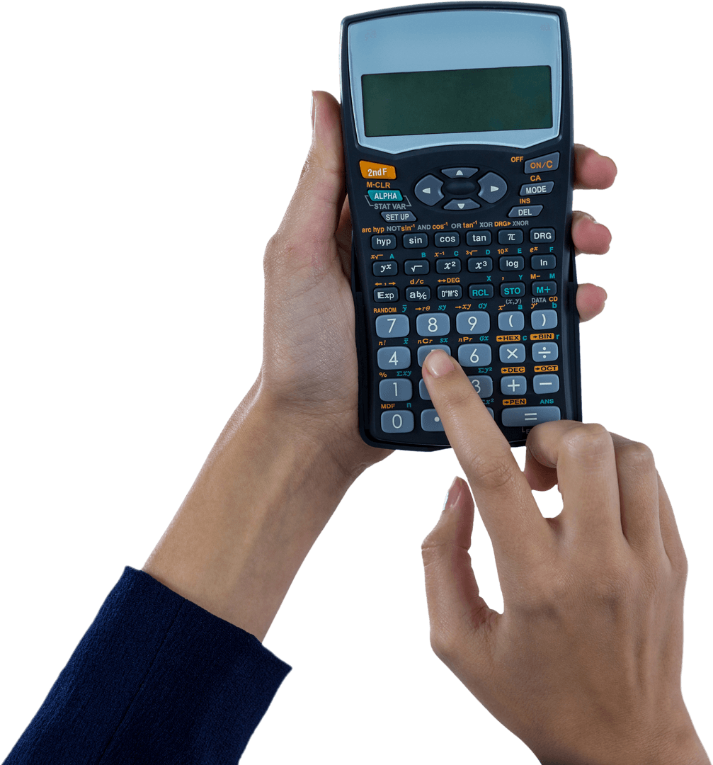 Transparent Hands of Businesswoman Using Calculator Closeup