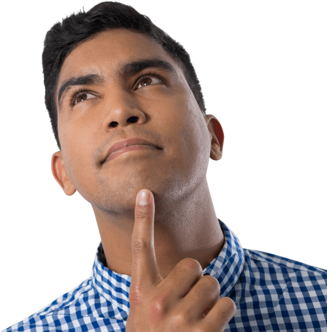 Transparent Thoughtful Man Reflecting with Finger on Chin