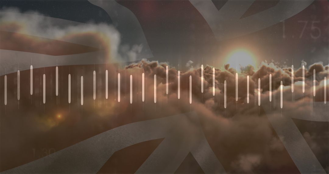 Digital Data Streams and UK Flag over Clouds with Sunrise