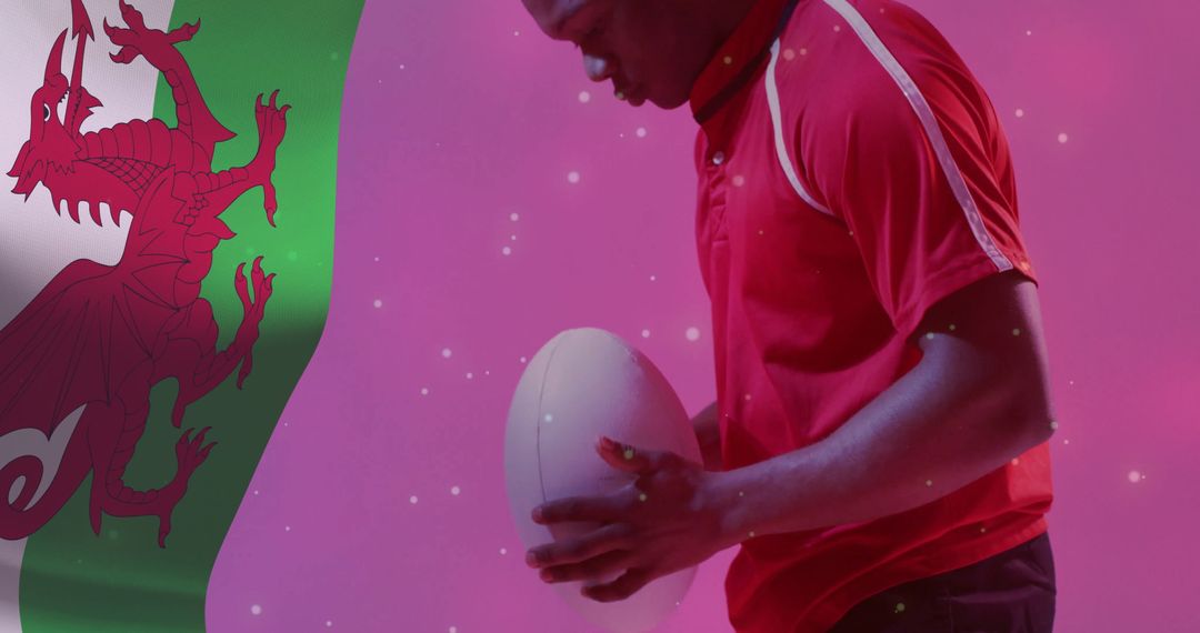 Rugby Player Reverence with Welsh Flag Backdrop