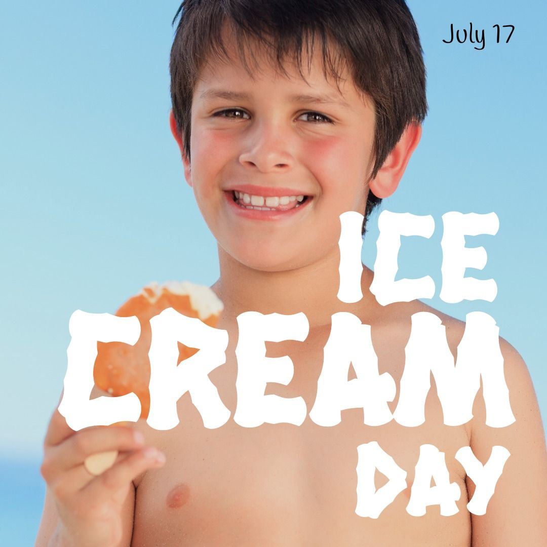 Composite of ice cream day text with smiling shirtless boy having ice cream against blue sky - Download Free Stock Templates Pikwizard.com