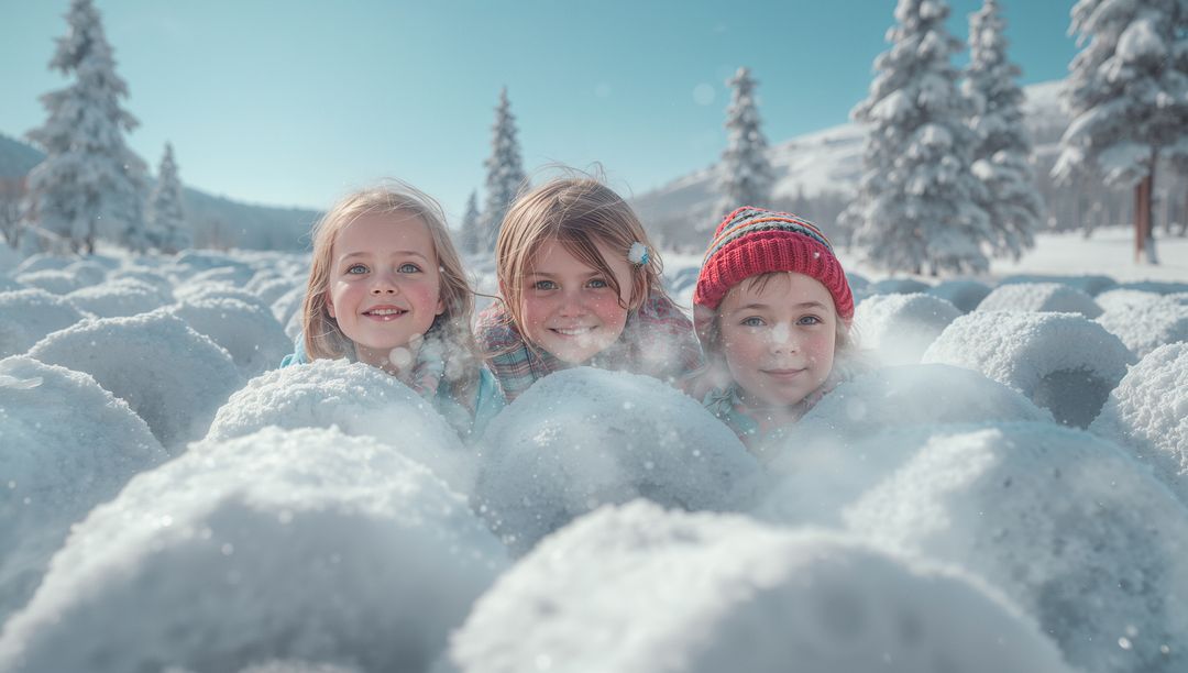 Children Playing Among Snowballs in Winter Wonderland