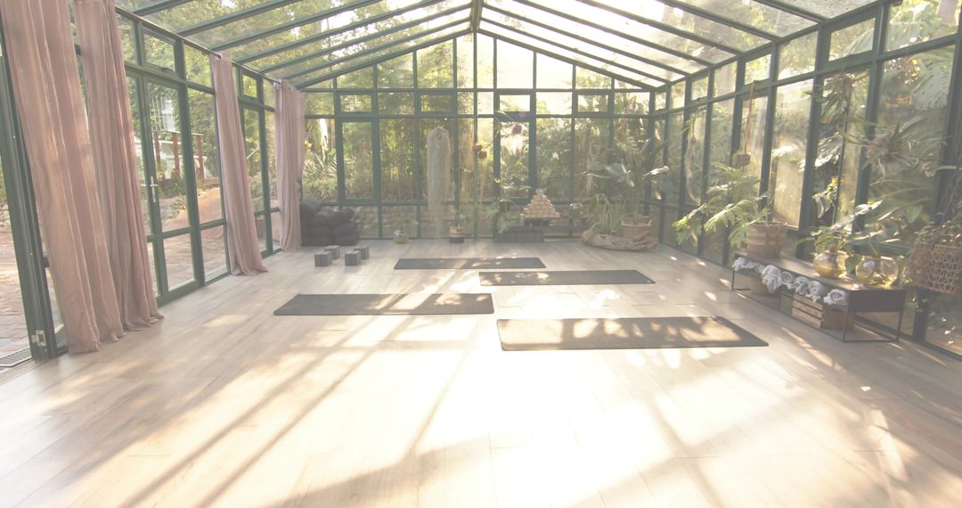 Sunlit Glass Conservatory Yoga Studio Basking in Warm Light with Mats and Plants