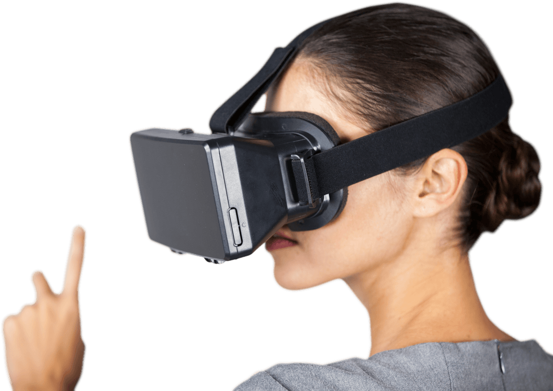 Woman Interacting with Transparent Virtual Reality Headset